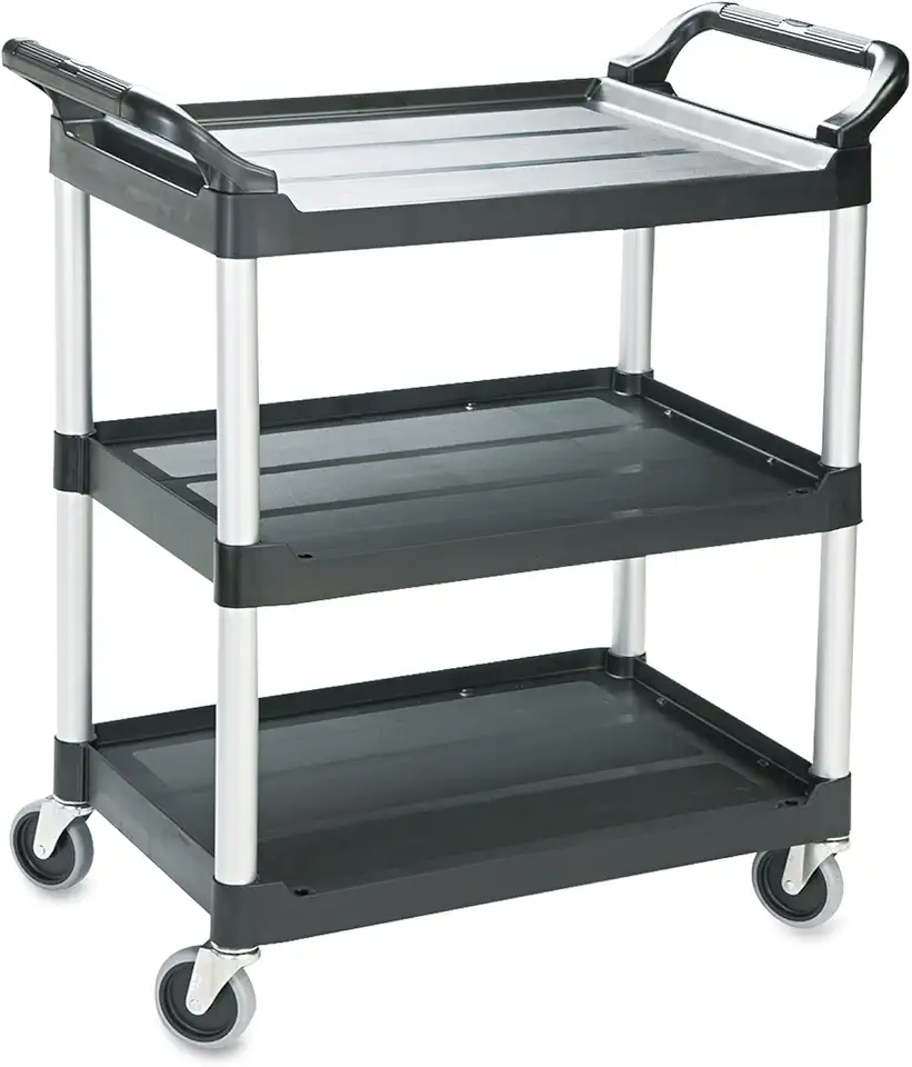 Rubbermaid 342488BLA Economy Plastic Cart, Three-Shelf, 18-5/8w x 33-5/8d x 37-3/4h, Black