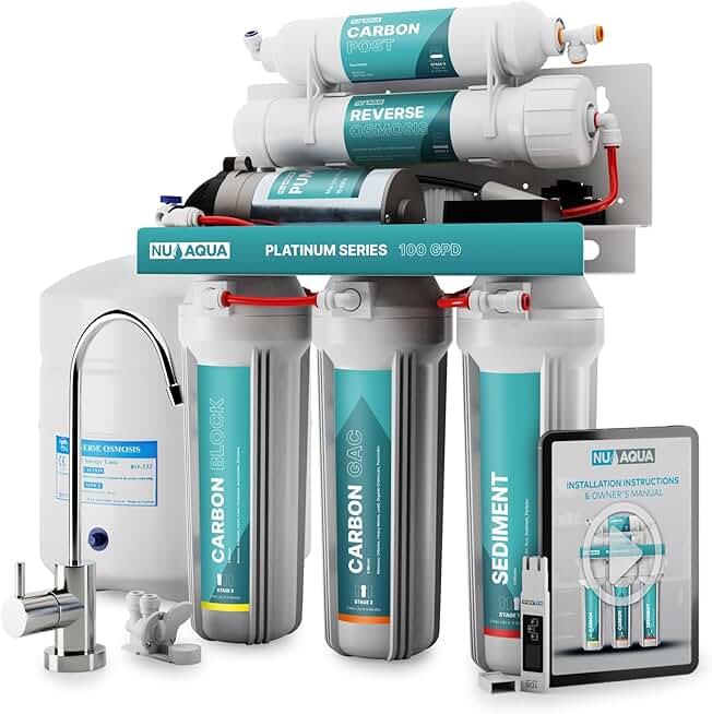 NU Aqua 5-Stage Under Sink Reverse Osmosis Water Filter System - Booster Pump - 100 GPD RO Filtration w/Faucet & Tank - PPM Meter - 100GPD Undersink - Home & Kitchen Drinking Water Purifier