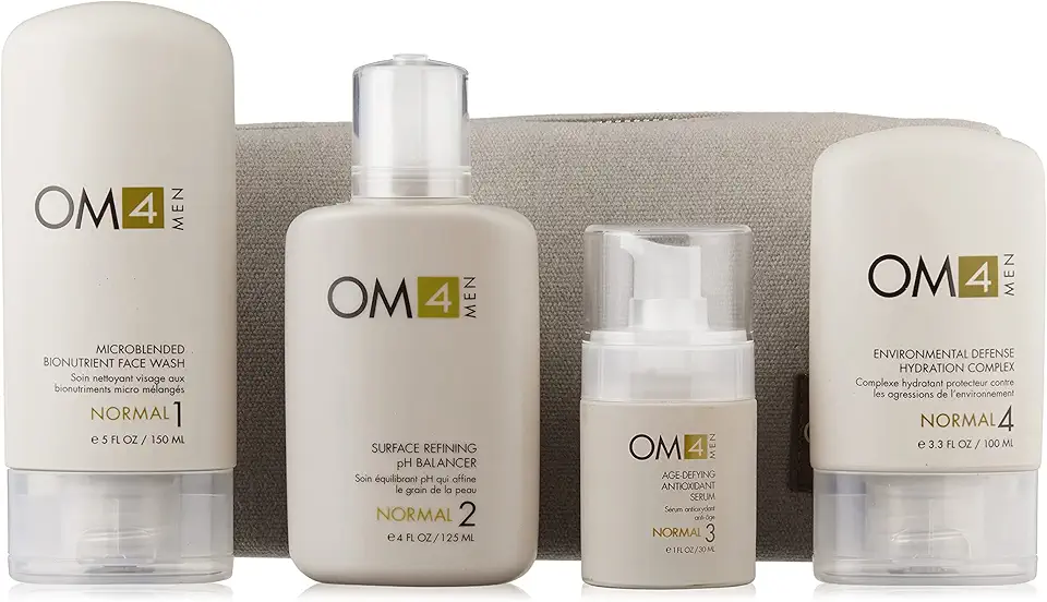 OM4 Normal 4-Step RegiMEN & Travel Bag - 4 ct. Featuring full-sized Mens Cleanser, Toner, Serum, and Moisturizer
