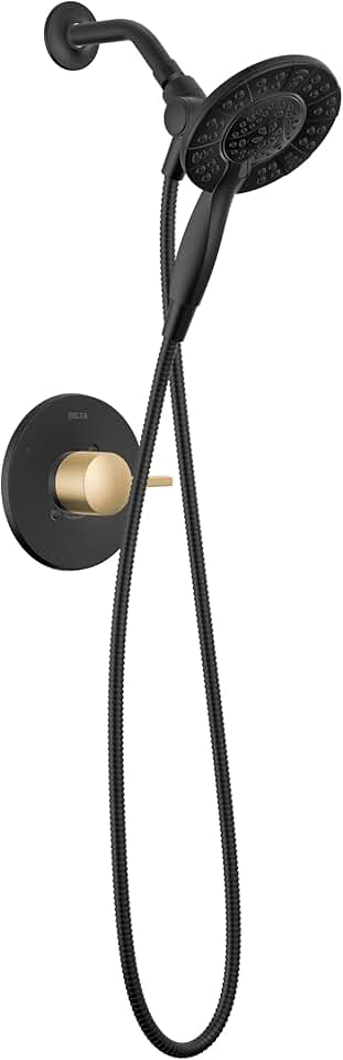 Delta Faucet Albion 14 Series Single-Handle Shower Faucet, Black/Gold Shower Trim Kit with In2ition 2-in-1 Dual Hand Held Shower Head, Matte Black/Champagne Bronze T142855-GZ-I (Valve Not Included)