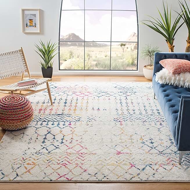 SAFAVIEH Tulum Collection Area Rug - 10' x 13', Ivory & Blue, Moroccan Boho Distressed Design, Non-Shedding & Easy Care, Ideal for High Traffic Areas in Living Room, Bedroom (TUL270C)