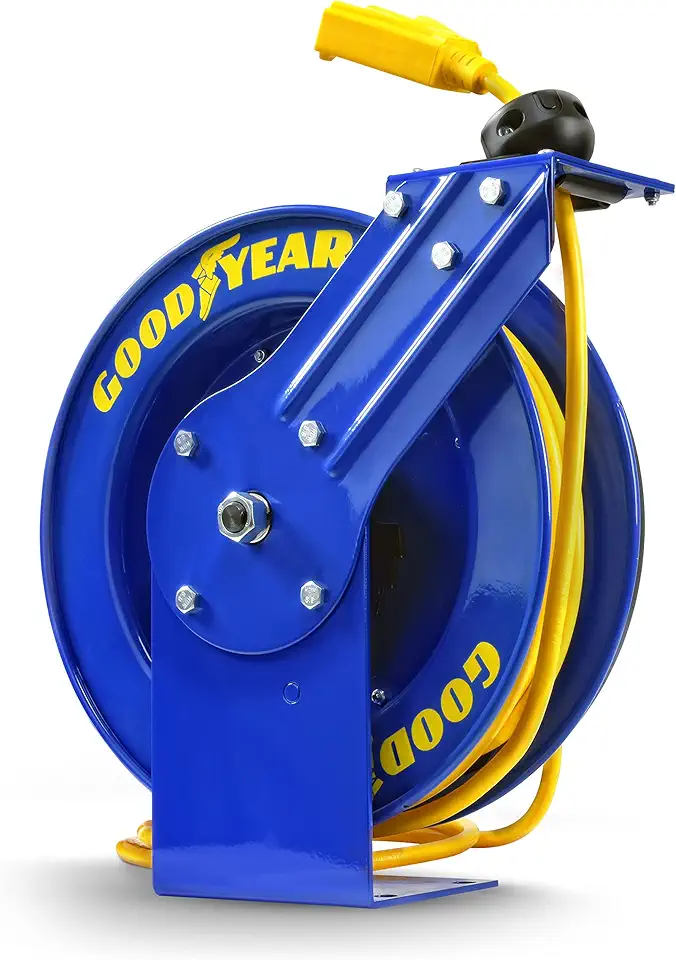 Goodyear Extension Cord Reel Retractable 14AWG x 100' Feet 3C SJTOW Cable Triple Tap Connector Power Rating 125 Volt AC 13 Amp 1625 Watt Industrial Steel Single Arm