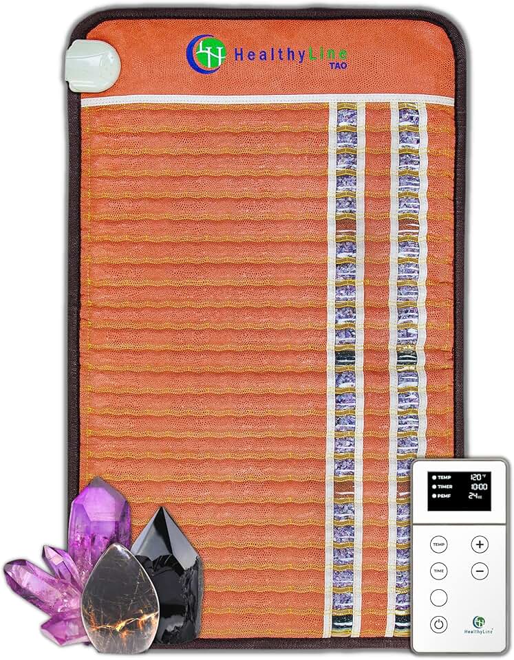 HealthyLine TAO Far Infrared Heating Pad - Small Natural Crystal Gemstones Mat for Back Pain - Electric Auto Shut Off - Rejuvenating Negative Ions Therapy - 32