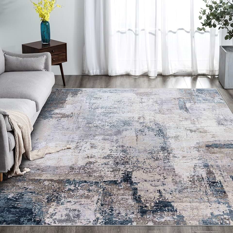 vivorug Washable Rug, Ultra Soft Area Rug 9x12, Non Slip Abstract Rug Foldable, Stain Resistant Rugs for Living Room Bedroom, Modern Fuzzy Rug (Grey/Navy, 9'x12')