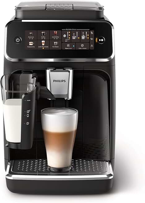 PHILIPS 3300 Series Fully Automatic Espresso Machine - LatteGo Milk System, 5 Coffee Varieties, Intuitive Touch Display, SilentBrew, 100% Ceramic Grinder, AquaClean Filter, Glossy Black (EP3341/50)