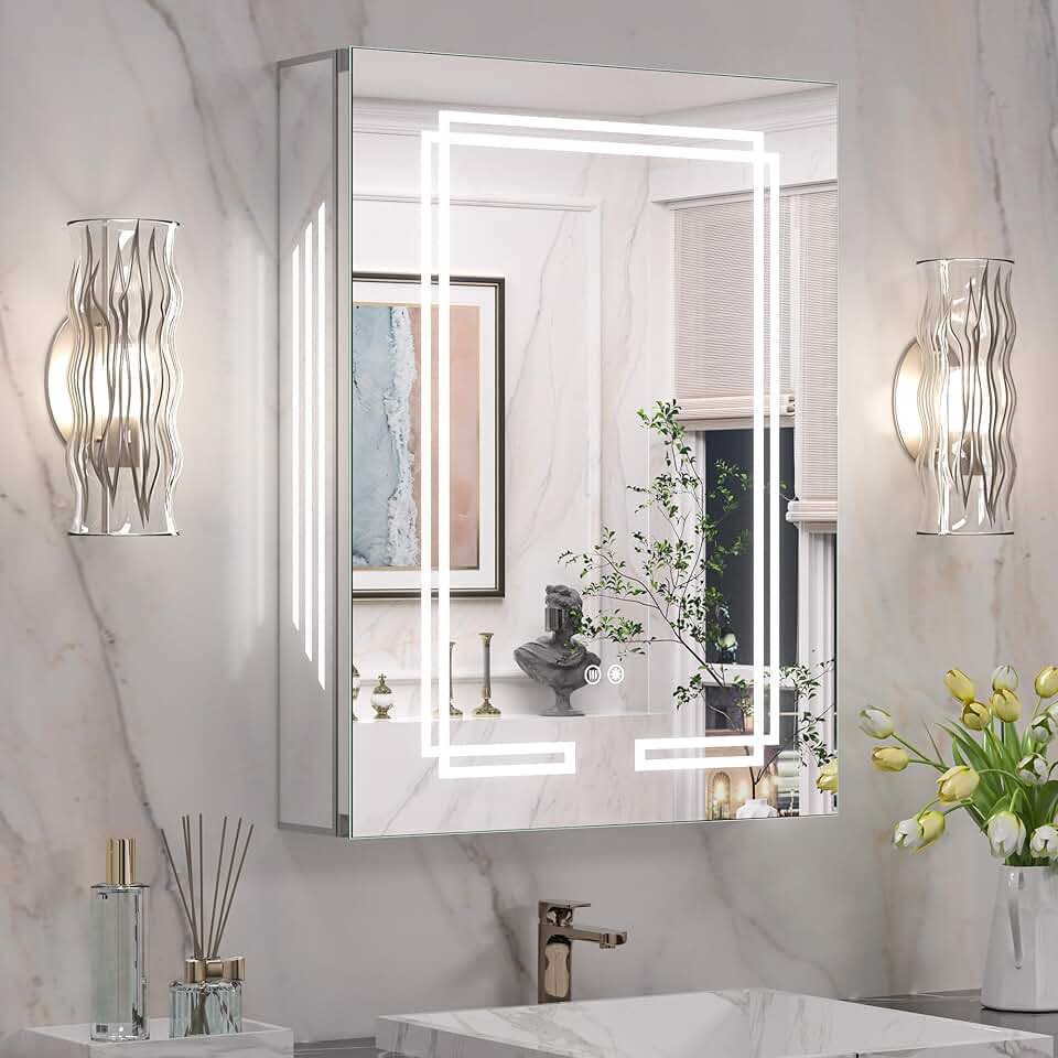 Keonjinn 20x26 Inch Lighted Medicine Cabinet with LED Vanity Mirror for Bathroom Adjustable Shelves Dimmable 3 Color Temperature Lights Wall Mount LED Medicine Cabinet Mirror for Bathroom Décor