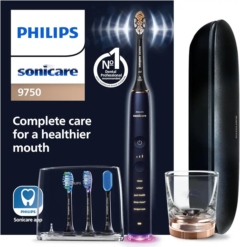DiamondClean Smart 9750 Electric Toothbrush, Sonic Toothbrush with App, Pressure Sensor, Brush Head Detection, 5 Brushing Modes and 3 Intensity Levels, Lunar Blue, Model HX9954/74
