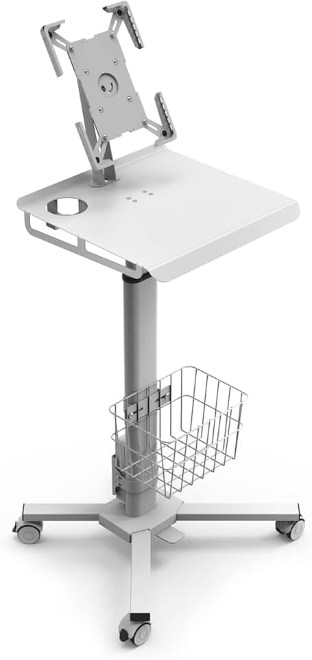 Adjustable Rolling Medical Cart: Pneumatic Mobile Workstation with iPad Enclosure for 9.7-13