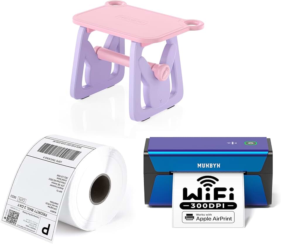 MUNBYN Label Holder for Rolls and Fanfold Labels+Thermal Direct Shipping Label (Pack of 500 4x6 Per Roll Labels)+Wireless Label Printer 300DPI, RW401AP Wi-Fi Thermal Printer
