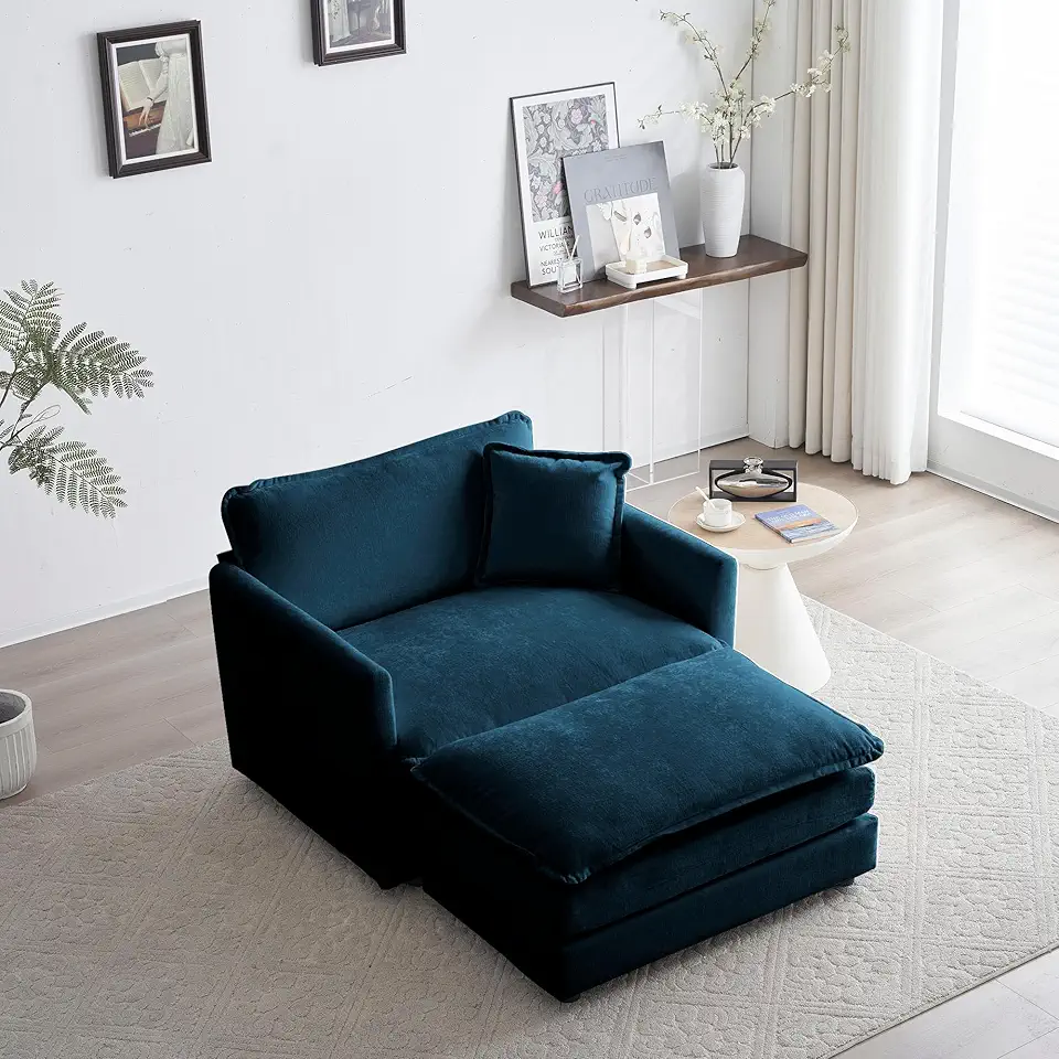 Eafurn Comfy Chenille Upholstered Accent Chair with Movable Ottoman,Oversized Single Sofa Couch Deep Seat Lounge Armchair for Living Room Bedroom Office Apartment, Blue 57.4