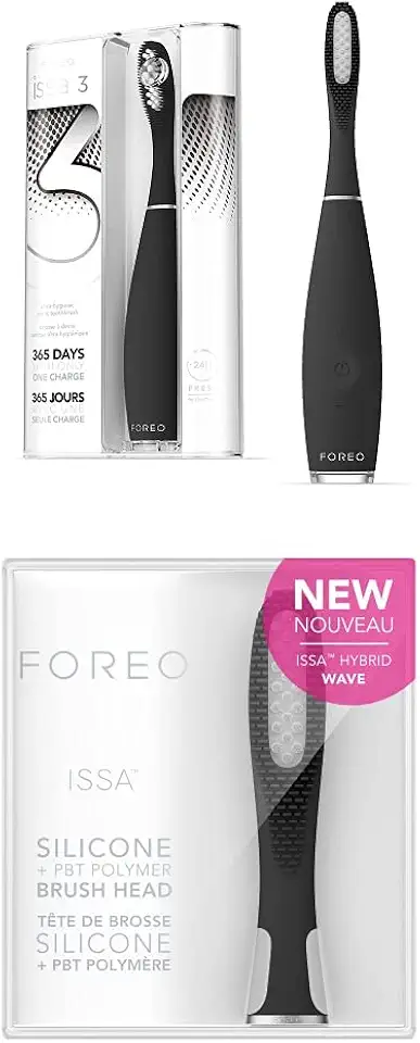 FOREO Issa Black, Rechargeable Electric Ultra-Hygienic Sonic Toothbrush with Silicone & PBT Polymer BristlesFOREO ISSA Hybrid Wave Brush Head Black, Medical-
