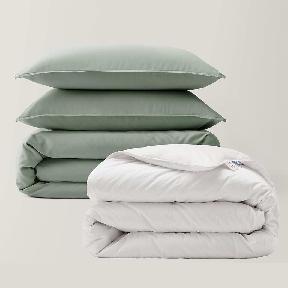 Double Stitch Cotton Tencel Duvet Cover Set and White Down Duvet Insert, King, 1 Duvet Cover, 106