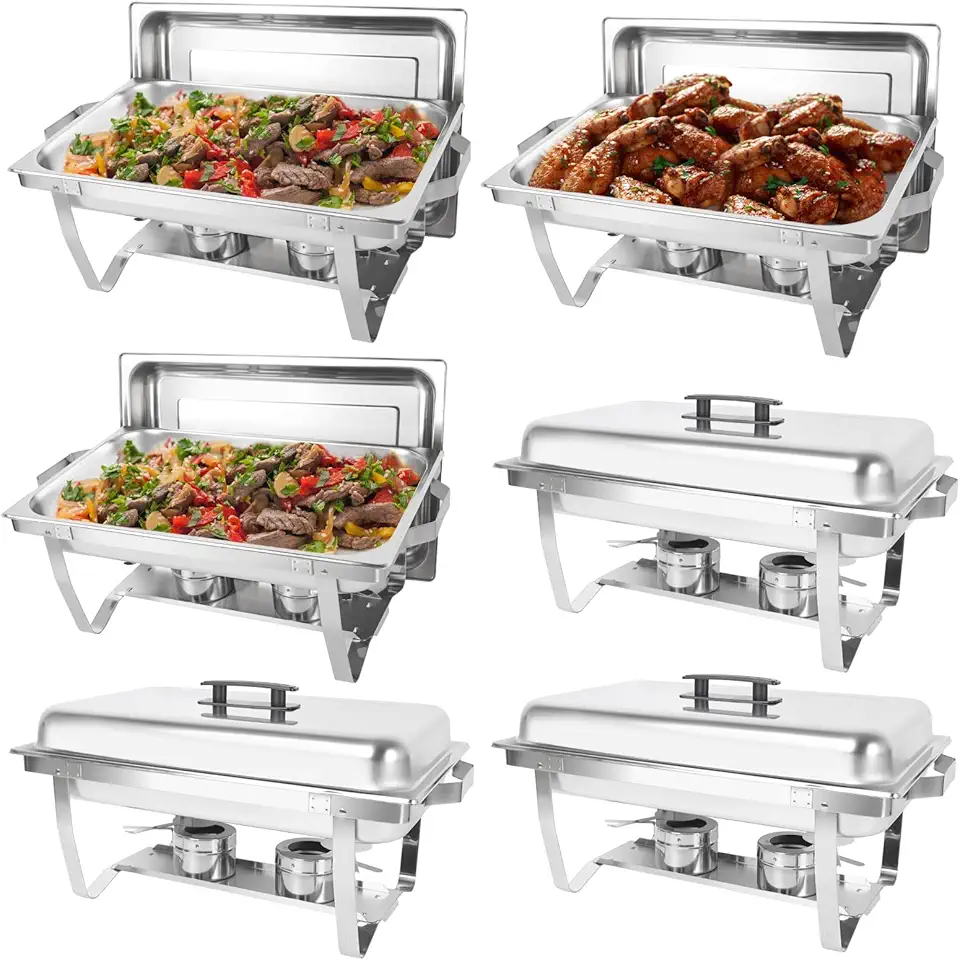 6 Pack Chafing Dish Buffet Set, 8QT Stainless Steel Rectangular Chafers and Buffet Warmer Sets for Catering, with Food & Water Pan, Lid, Foldable Frame, Fuel Holder for Event Party Holiday