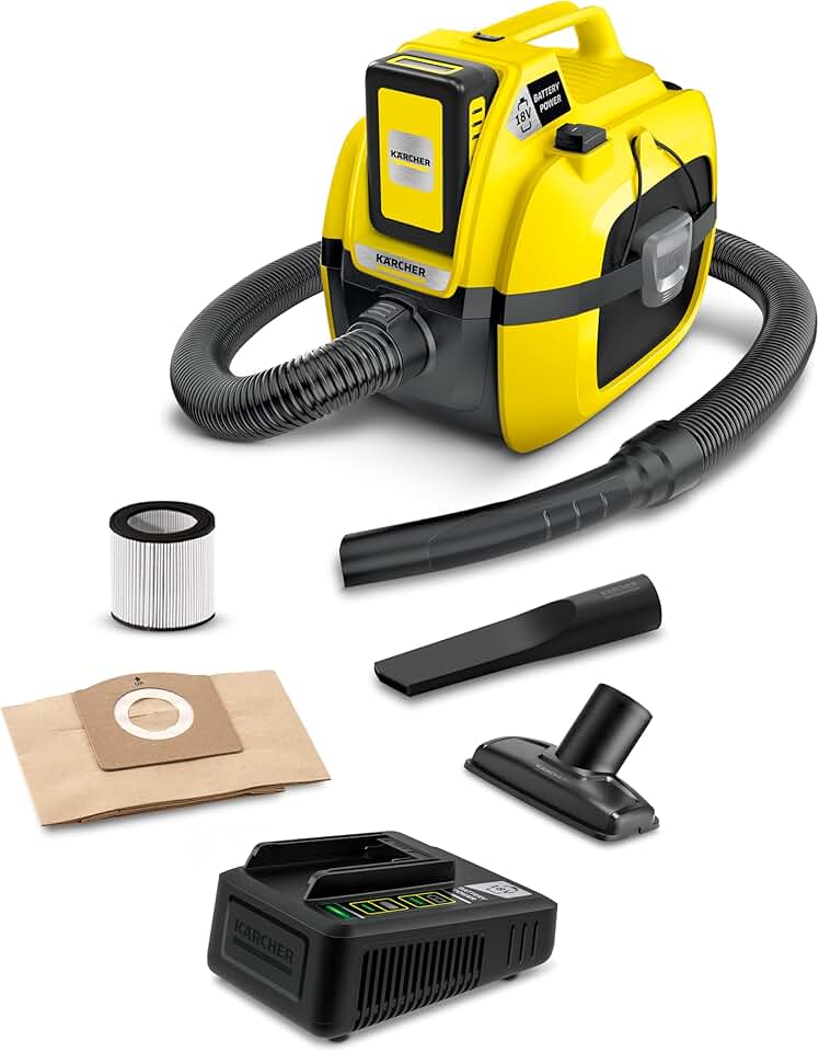Karcher WD 1 Compact, Cordless Wet Dry Vac with Blower Function, 1.8 Gal - Comse with 18 V Fast Charger and 5.0 Ah Battery with LCD Display - Lithium-Ion Battery - Great for Car Cleaning Vacuuming