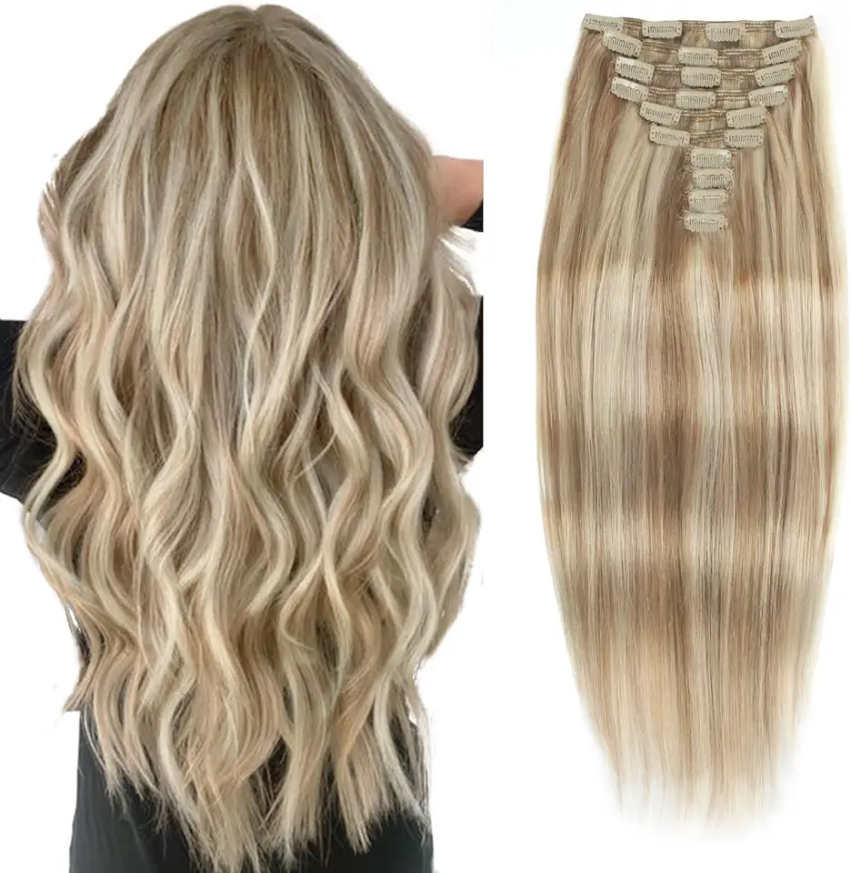 220g 22 inch Clip in Hair Extensions Human Hair, Piano Color Dirty Blonde with Platinumb Blonde Highlights P8-60 10 pieces 21 clips