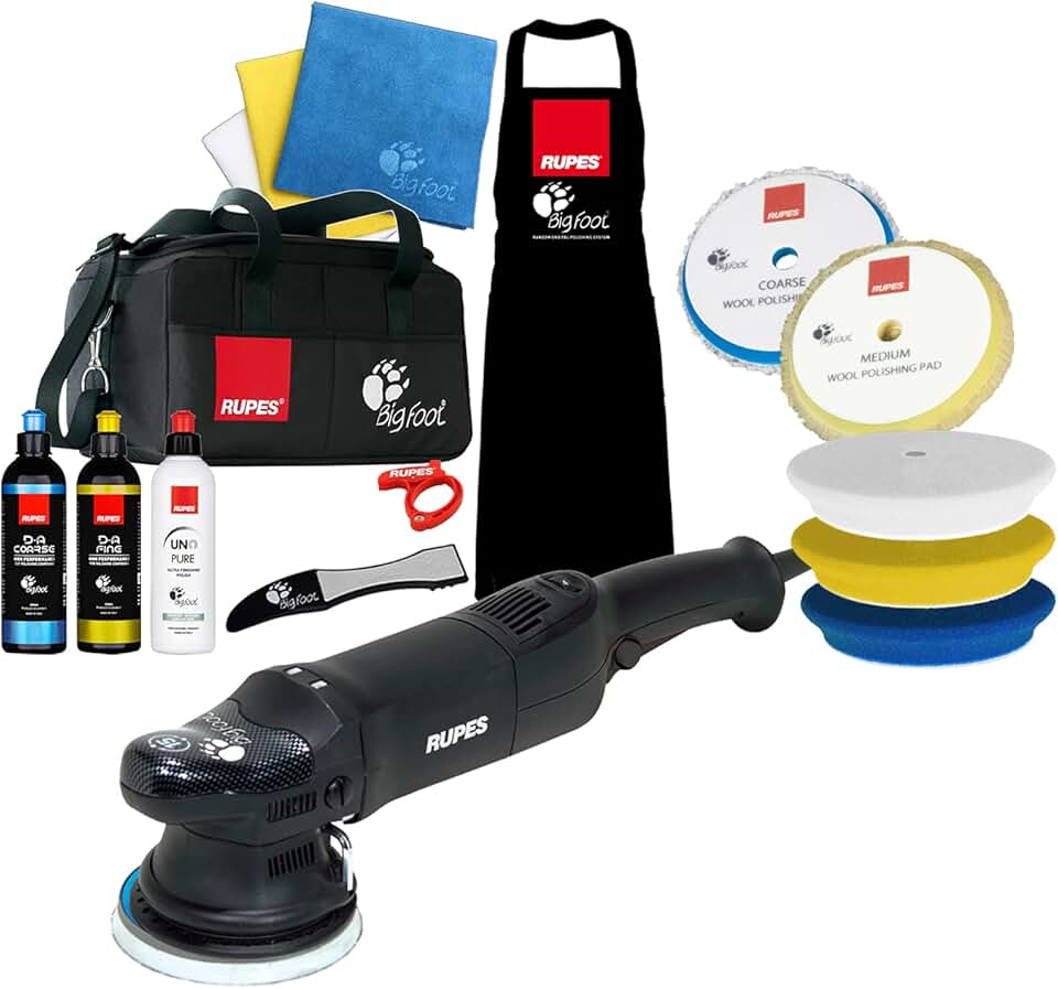 RUPES LHR15ES Car Accessories for Car Detailing, Orbital Cleaner, Car Cleaning Tool for Washing, with Polisher, Compound, Foam, Wool & Claw Pad, Cable Clamp & Towels (Complete Kit)