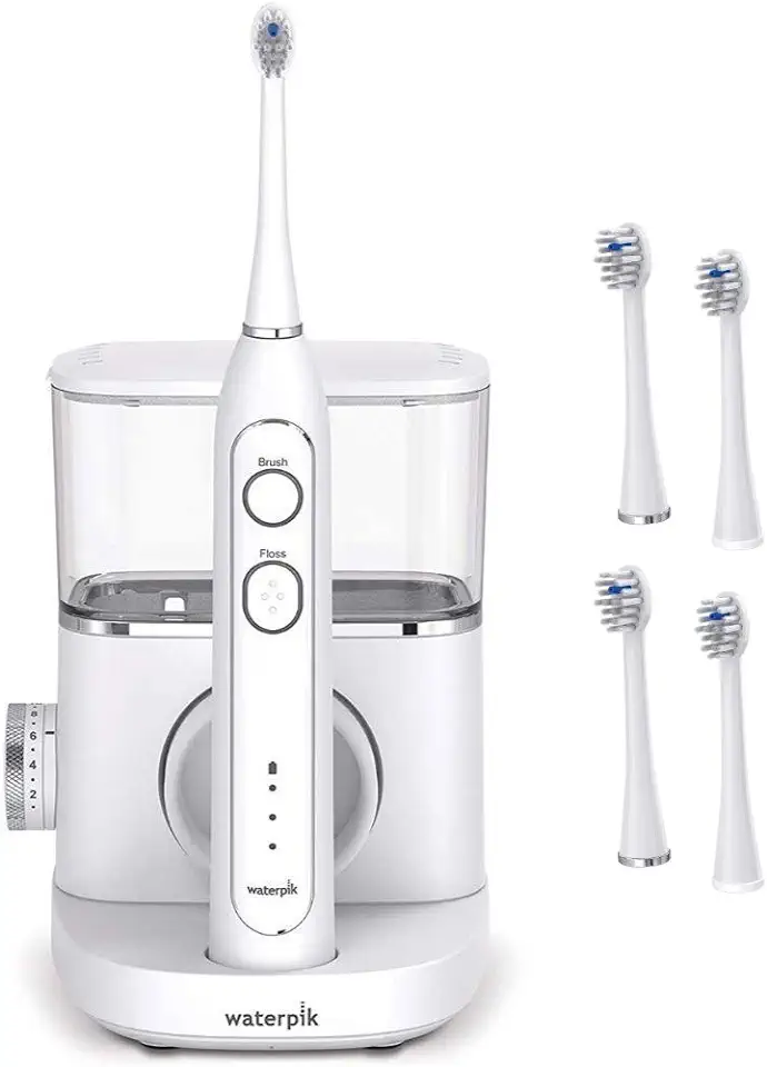 Waterpik White Sonic-Fusion Toothbrush and Heads (Set of 4). Brush and Floss at The Same Time. Soft Bristles Gently Brush While The Water Flosser Removes Plaque and Debris from Teeth and Gumline.