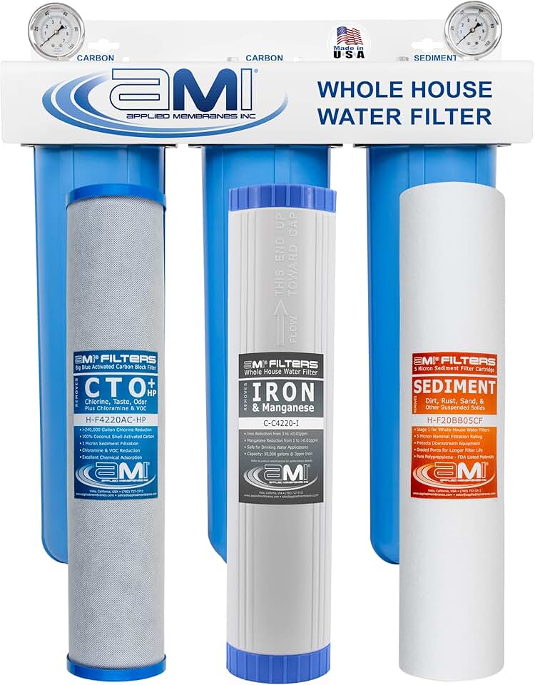Applied Membranes Inc. 3-Stage Whole-House Water Filter System, 4.5x20-Inch Sediment, Carbon, and Iron Filter Cartridges