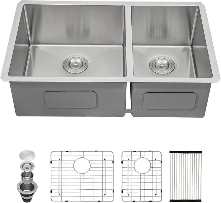 33 x 19 Inch Undermount Kitchen Sink 16 Gauge Stainless Steel Double Bowl 60/40 Large Deep Under Counter Sink Basin Rectangular Handmade Sinks,33