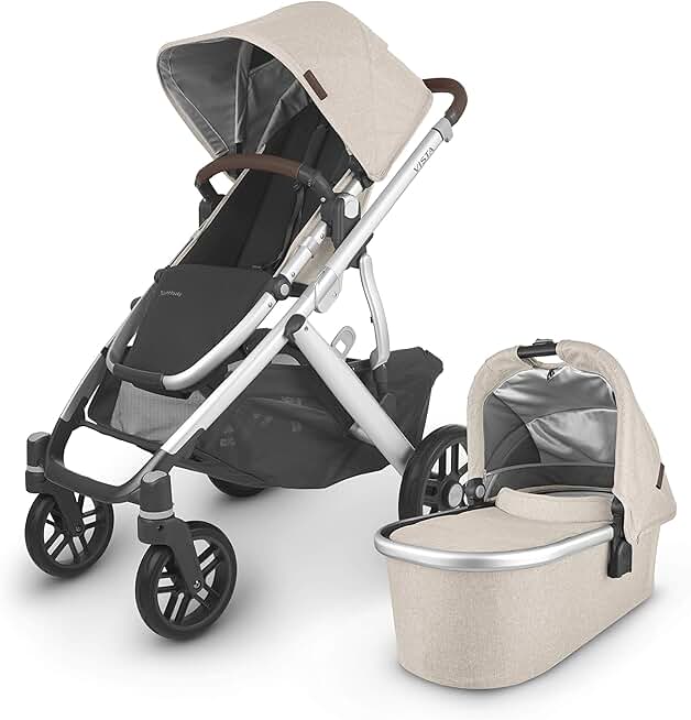 UPPAbaby Vista V2 Stroller Convertible Single-To-Double System Bassinet, Toddler Seat, Bug Shield, Rain Shield, and Storage Bag Included Declan (Oat Mélange/Silver Frame/Chestnut Leather)