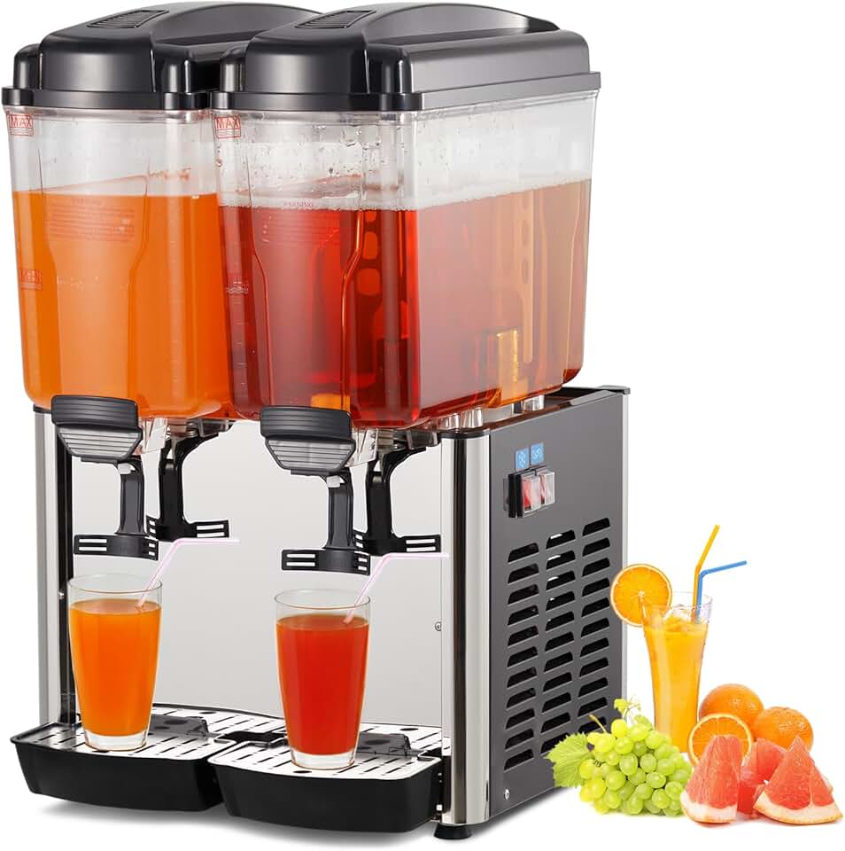 Commercial Cold Beverage Dispenser - Efficiently Serve Refreshing Drinks with 2 Tanks, 9.1 Gallon Capacity, Stainless Steel Build, Thermostat Controller, and 250W Power