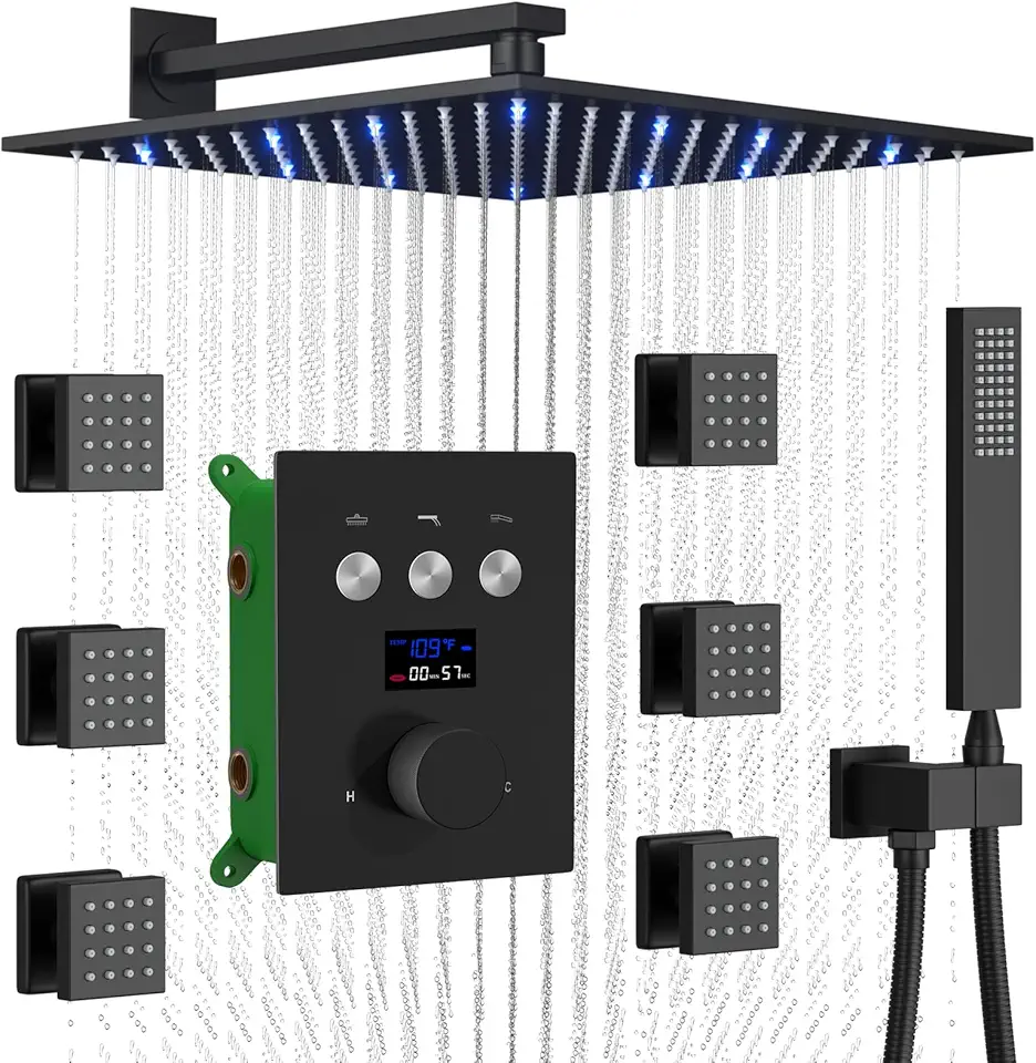 Thermostatic Full Body Shower System Matte Black Shower Faucets Set Complete Temperature Display Shower Fixtures with Wall Mount LED 12 inch Rain Shower Head and Handle Set, 6 pcs Body Jets