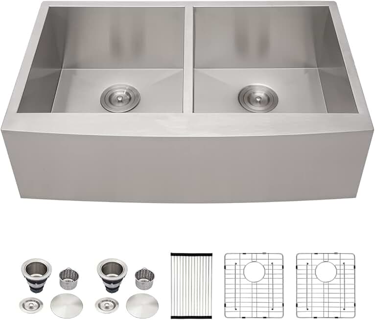 Kichae 36 Apron Double Farmhouse Sink - 36 Inch Apon Front Kitchen Farm Sink Stainless Steel Double Bowl 50/50 Modern Handmade Farmhouse Sink Basin