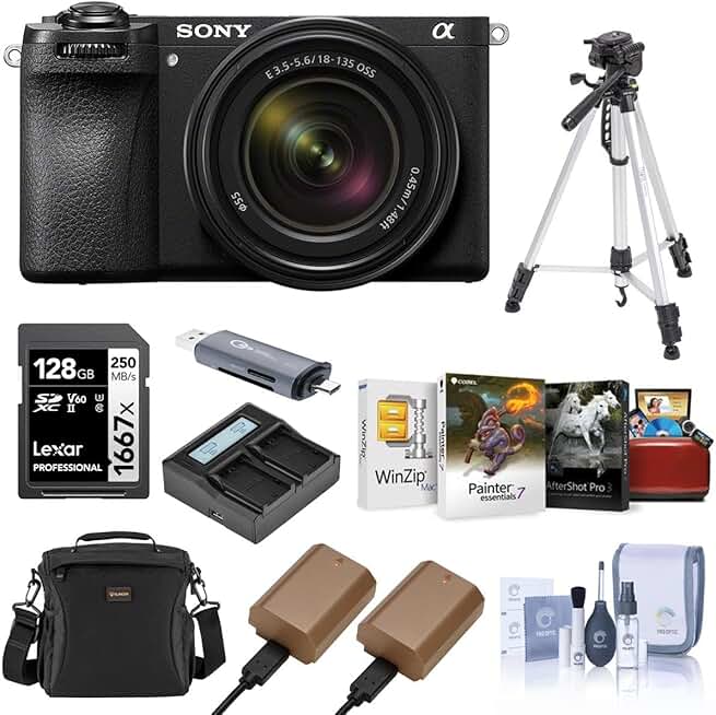 Sony Alpha a6700 Camera with E 18-135mm f/3.5-5.6 OSS Lens Bundle with Shoulder Bag, 128GB SD Card, Card Reader, Corel Mac & PC Software Kit, 2X Extra Battery, Charger, Tripod, and More (10 Items)