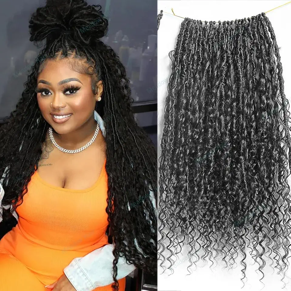 Crochet Boho Locs With Human Hair Curls Knotless Pre Looped Goddess Bohemian Soft Dreadlocks Braiding Hair Faux Braids Hair for Black Women Meadow Hair 26inch 96locs