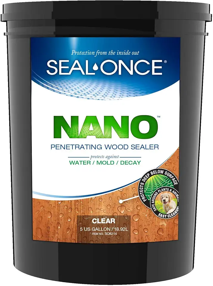 SEAL-ONCE Nano Penetrating Wood Sealer & Stain - Water-Based, Low-VOC waterproofer for Fences, siding, Beams, Outdoor Furniture & Log Homes. … (5 Gallon)