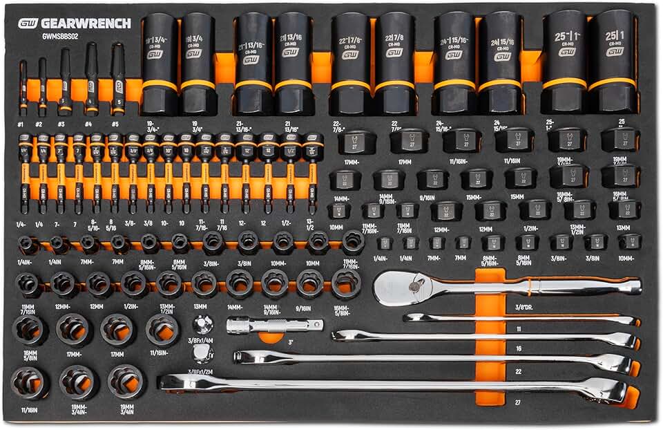 GEARWRENCH 97 Piece 1/4”, 3/8”, 1/2” Drive Bolt Biter Mechanics Tool Set in Foam Storage Tray - GWMSBBS02