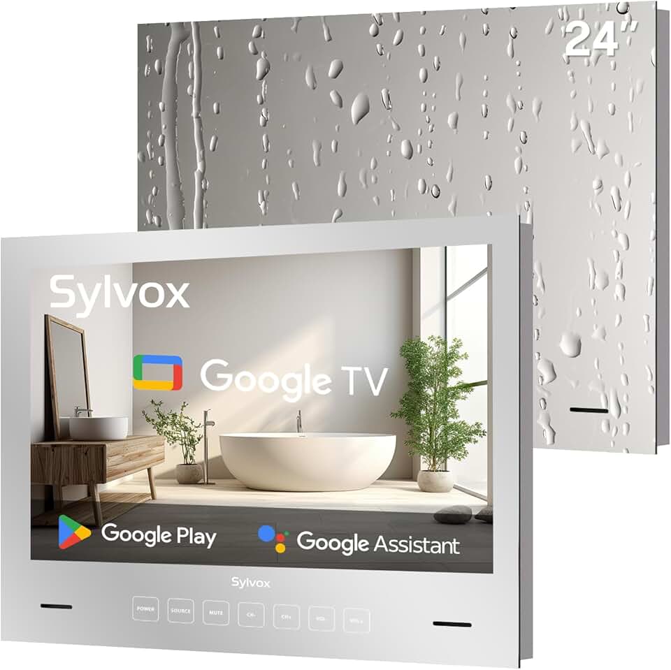 SYLVOX 24 inch Bathroom TV, 1080P Smart Mirror TV Google System NTSC & ATSC Tuner Support WiFi Bluetooth 500 nits High Brightness, IP66 Waterproof TV for Bathroom Bathtub Hotel Shower Spa (Embedded)