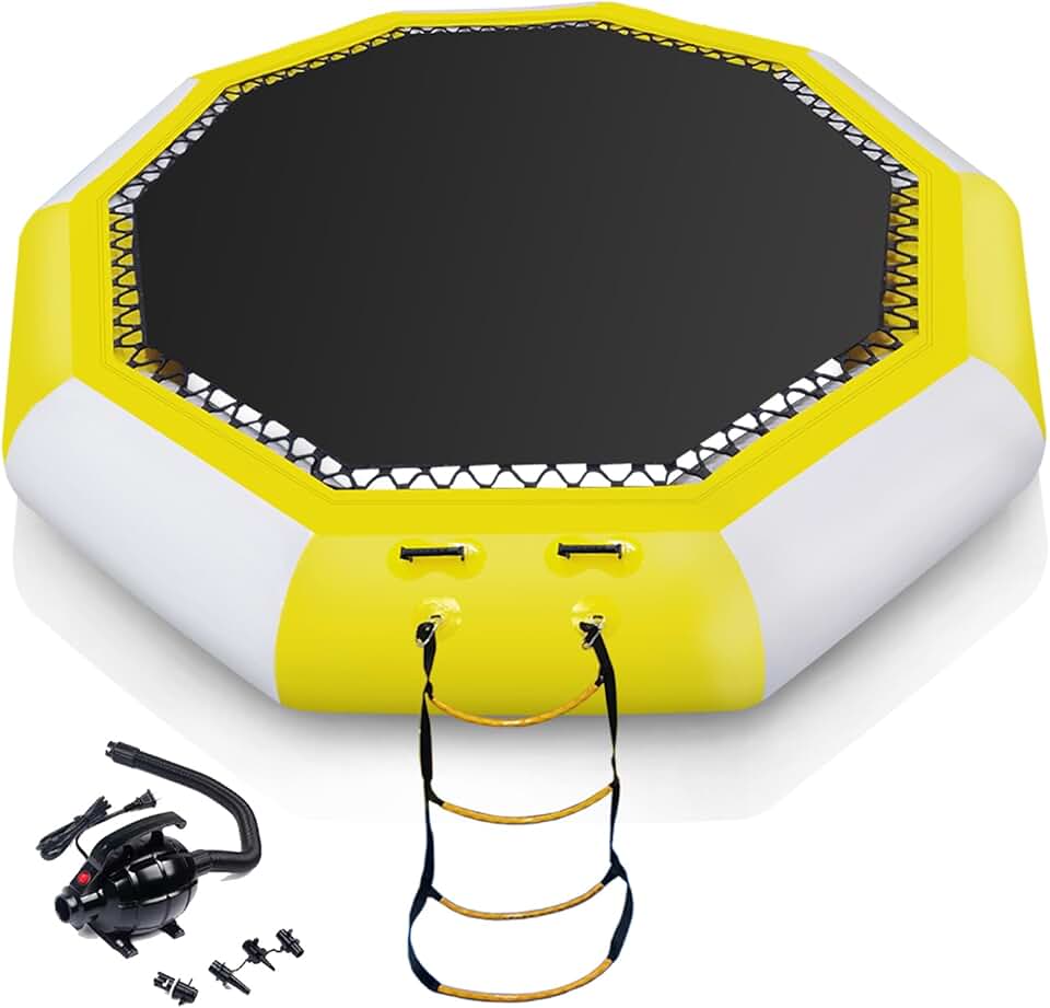 Inflatable Water Trampoline, 10FT/12FT Water Bouncer Floating Rebounder Trampoline w/Electric Pump, Rope Ladder, Kids Adults Recreational Water Trampoline for Pool, Lake, Calm Sea