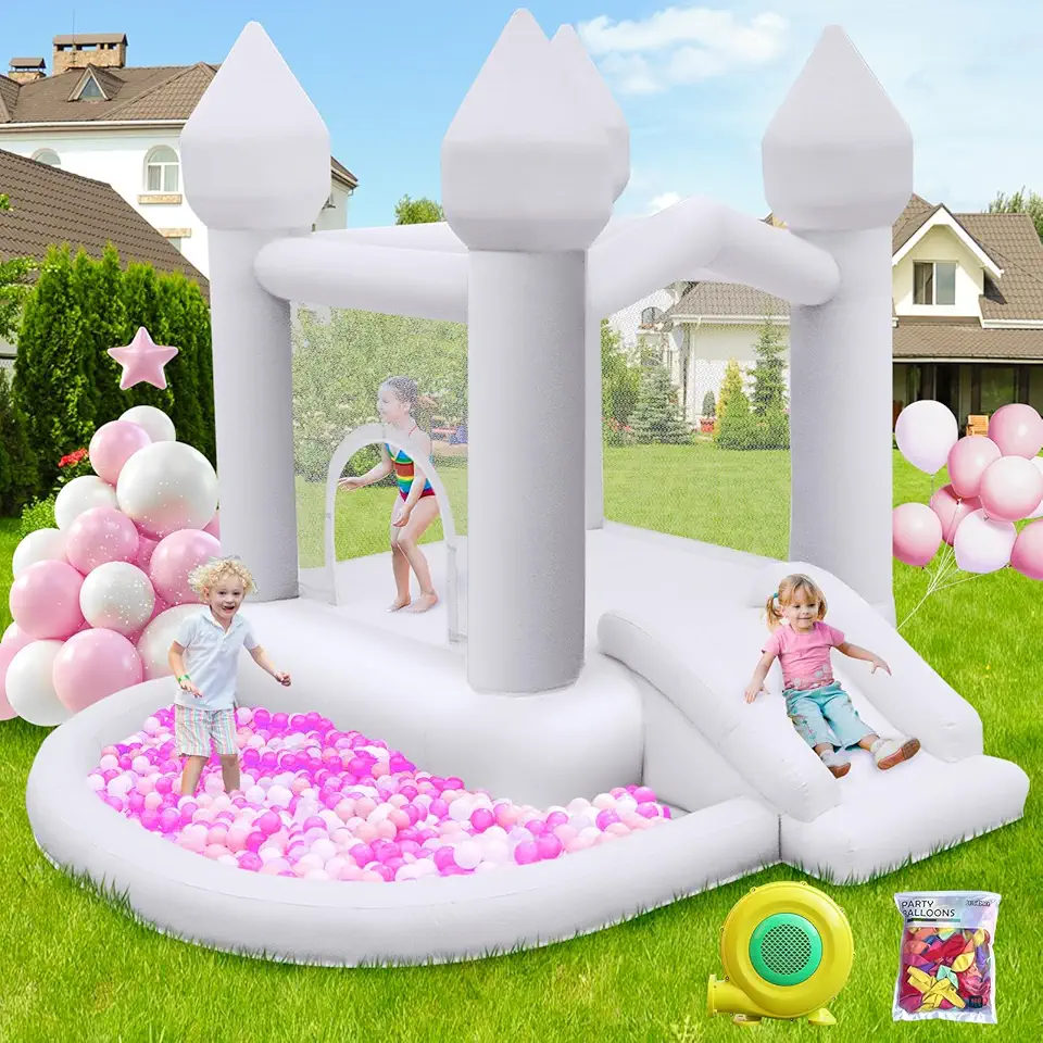 FBSPORT White Bounce House, Inflatable Bouncer with Air Blower,Indoor & Outdoor Bouncy Castle with Big Ball Pit for Wedding Party Kids Birthday Party, Easy to Install