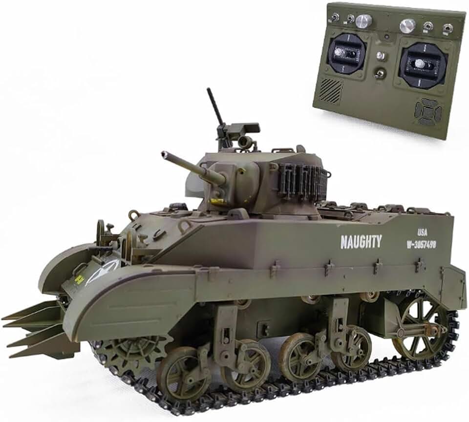 RC Tank US M5A1 Remote Control Military Vehicle for Adult Simulation Smoke Barrel Lifting/Turret Rotation 360 Degrees Crawler Car Battle Tanks Model Hobby Toys 2.4G ATV