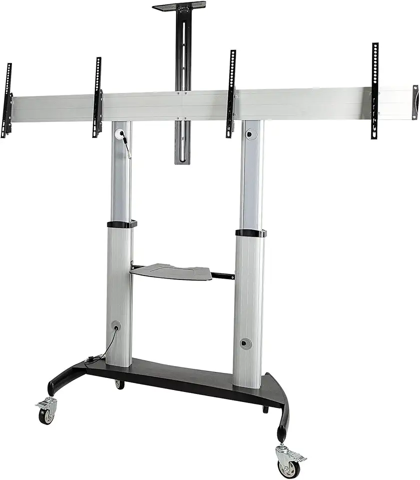 StarTech.com Dual TV Cart for 37-60in VESA TVs up to 110lb/50kg Each - Height Adjustable TV Mount, Mobile Display Cart w/Equipment Shelves - Rolling TV Cart on Wheels - Rolling TV Stand (STNDMTVDUO)