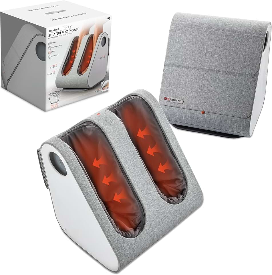 Sharper Image Shiatsu Foot + Calf Massager, Deep-Kneading Rollers with Air Compression, Soothing Heat, Adjustable Tilt, Customizable Modes, Hygiene Cover, Pain Relief, Plantar Fasciitis, Circulation