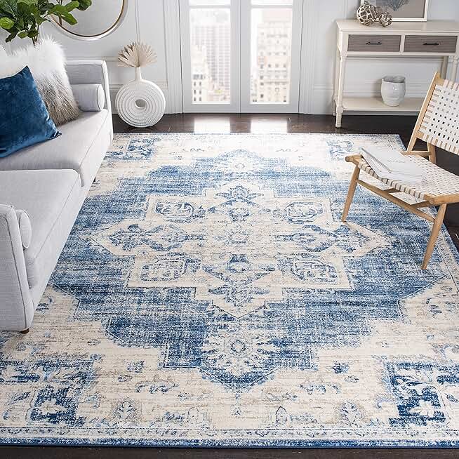 SAFAVIEH Brentwood Collection 11' Square Ivory / Navy BNT865A Medallion Distressed Non-Shedding Living Room Bedroom Dining Home Office Area Rug