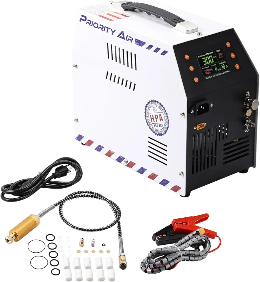 PCP Air Compressor 12v 300bar 4500Psi/30Mpa Built-in Power Adapter Oil Free/Water Free HPA Compressor PCP Compressor with LCD Display Version Auto, For Air Rifle And Scuba Diving Bottle