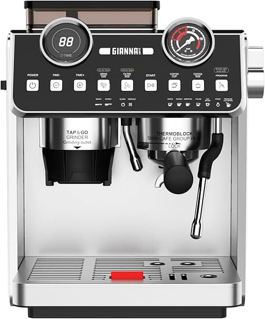 Gianna Olimpico Espresso Machine for Latte & Cappuccino - Small, Single Serve Individual Personal Automatic Smart Stainless Steel Coffee Maker with Milk Frother, Coffee Grinder, Steam Wand & 2.7L Tank