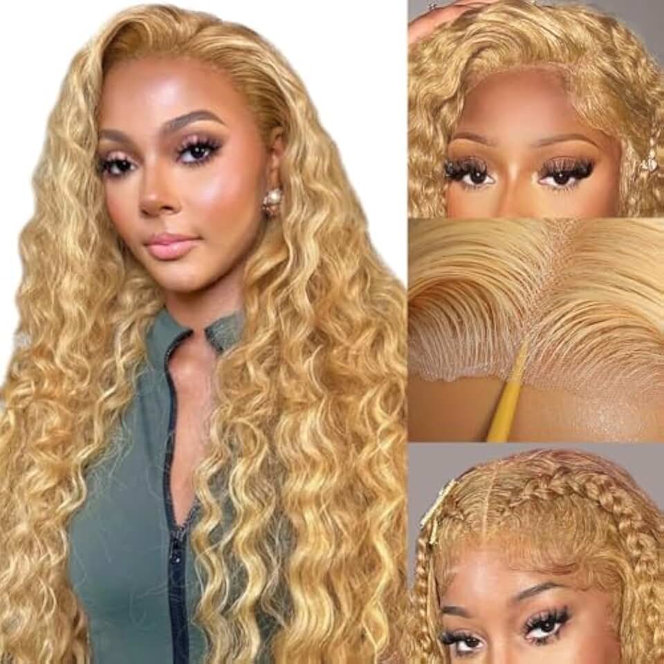 Honey Blonde Curly Lace Wig Human Hair 28 inch 13x4 HD Glueless Lace Front Honey Blonde Deep Wave Curly Wear and Go Glueless Wigs Human Hair Pre Plucked Pre Cut 180% Density #27 Colored for Women