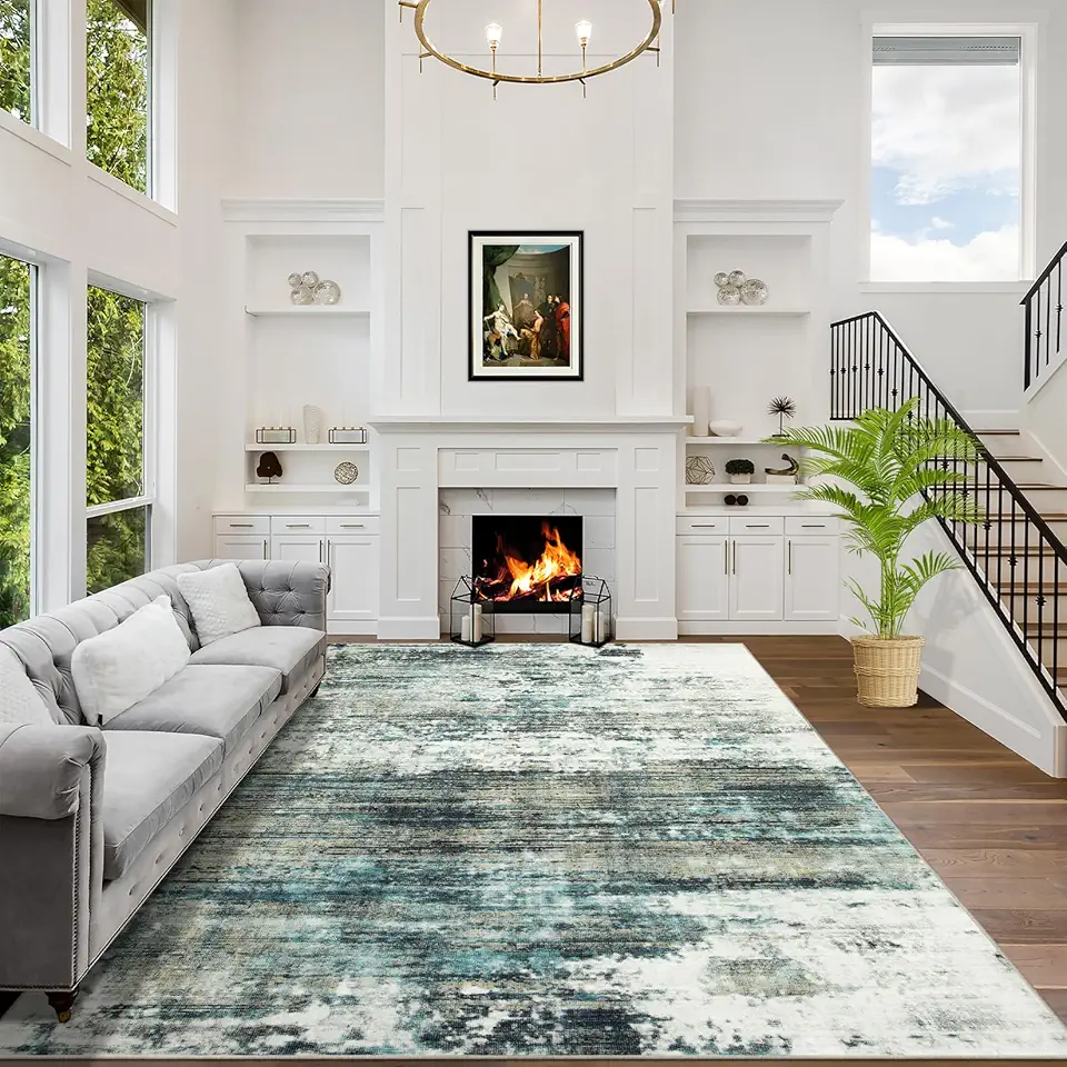 10x14 Area Rugs Washable Rug: Modern Abstract Living Room Rug Soft Anti-Skid Thin Carpet Indoor Floor Non-Shedding Carpets for Bedroom Dining Room Farmhouse Nursery Home Office Green Multi