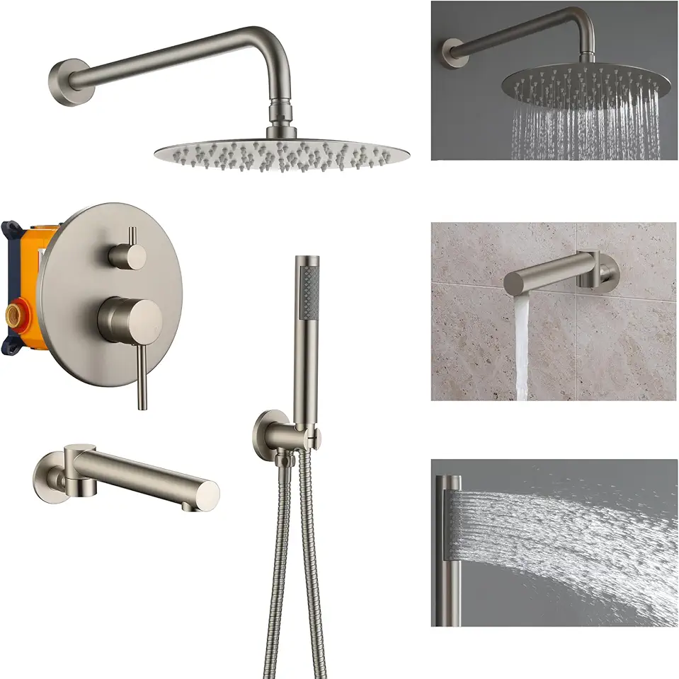 10 Inch Shower Faucets Sets Complete with Swivel Tub Spout Rainfall Shower Head System with Handheld Shower Head, Square Fixed Shower Head, Rough-in Valve Body, Trim Kit, Brushed Nickle
