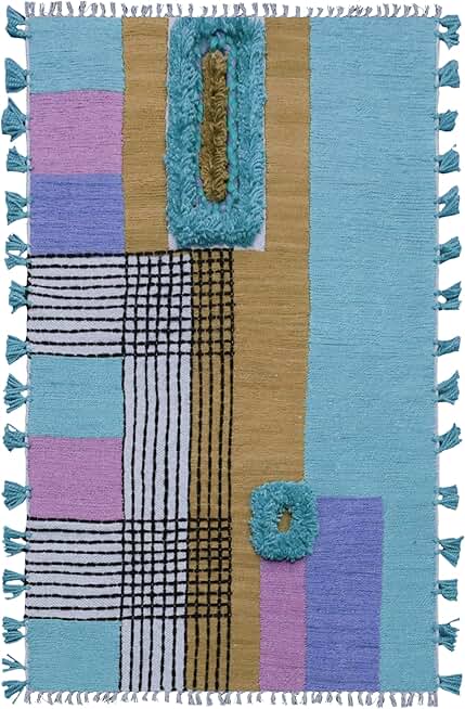 Kilim Rug 5x10 Runner Rugs for Boho Rug Indoor Outdoor Rug Sky Blue Multi Cotton Rug Embroidery Washable Dhurrie Flatweave Rugs for Home Foyar Corridor Runner Hallway Stair Runner