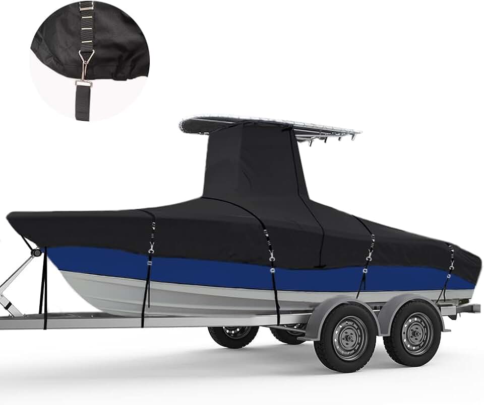 900D T-Top Boat Cover, Marine Grade Fade and Tear Resistant Trailerable T Top Boat Storage Cover, Heavy-Duty Waterproof and UV-Proof Center Console Roof Boat Cover Fit 24ft-26ft (Black)
