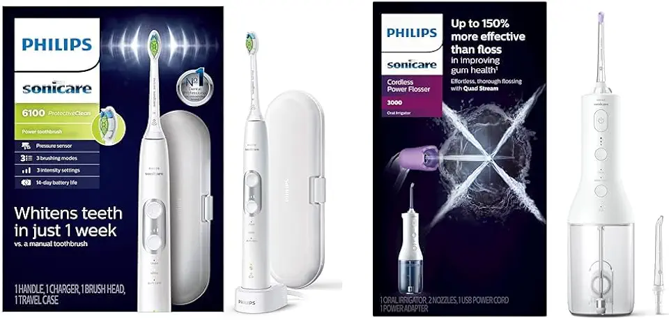 ProtectiveClean 6100 Rechargeable Electric Power Toothbrush, White, HX6877/21 & Cordless Power Flosser 3000