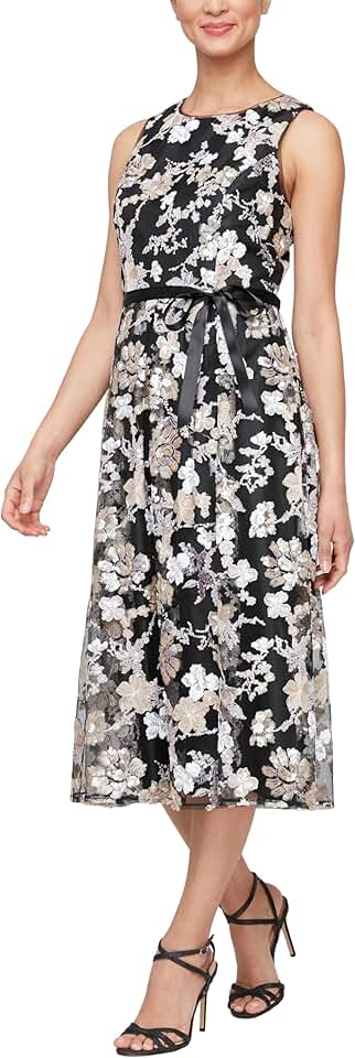 Alex Evenings Women's Sleeveless Midi Dress with Elegant Embroidery, Full Skirt and Tie Belt (Petite and Regular Sizes)