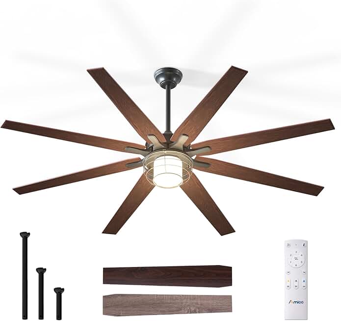 Amico Ceiling Fans with Lights, 72'' Indoor/Outdoor Black Ceiling Fan with Remote Control, Reversible DC Motor, 8 Blades, 3CCT, Dimmable, Noiseless, Vintage Ceiling Fan for Bedroom, Farmhouse