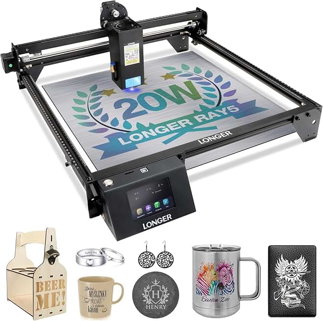 Official LONGER RAY5 20W Laser Engraver, 20000mW Laser Engraving Machine with 3.5 inch Touch Screen, DIY Laser Cutter for Custom Design, Laser Engraver for Wood and Metal, Acrylic, Leather, Glass,