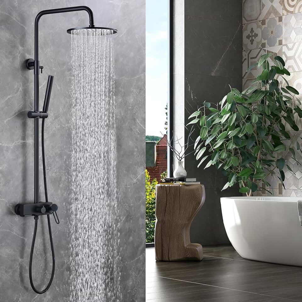 Matte Black Exposed Shower System with 2 Modes HandHeld,3 Functions Tub Shower Faucet Sets with Brass Valve, Shower Fixture with 10 Inches Rainfull Shower Head,Shower Height Adjustable